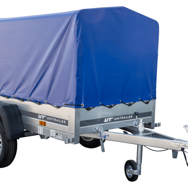 Anhänger Garden Trailer 200 KIPP 200×106 cm 750 kg [mit Hochspriegel, blauer Hochplane und Stützrad]