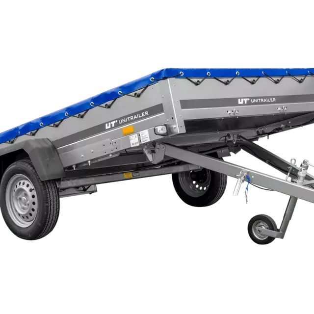 Einachsanhänger 264×150 UNITRAILER GARDEN 265 KIPP mit einem Flachplanenträger und blauer Plane