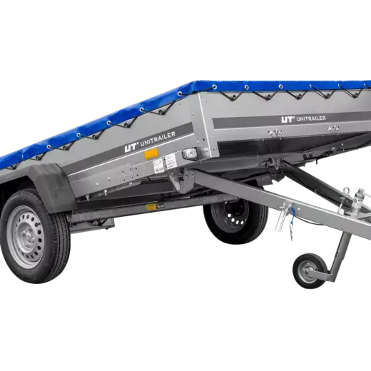 Einachsanhänger 264×150 UNITRAILER GARDEN 265 KIPP mit einem Flachplanenträger und blauer Plane